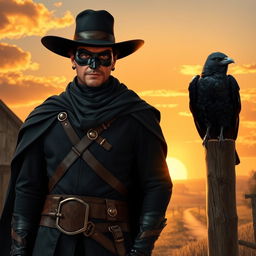 A respectful Zorro standing confidently in the foreground, wearing a classic black mask and a wide-brimmed hat, with a long flowing cape