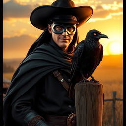 A respectful Zorro standing confidently in the foreground, wearing a classic black mask and a wide-brimmed hat, with a long flowing cape