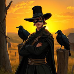 A respectful Zorro standing confidently in the foreground, wearing a classic black mask and a wide-brimmed hat, with a long flowing cape