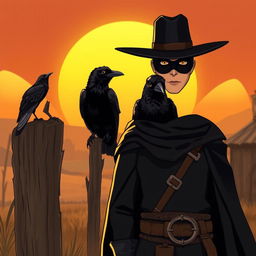 A respectful Zorro standing confidently in the foreground, wearing a classic black mask and a wide-brimmed hat, with a long flowing cape