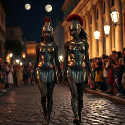 two twin skinny black girls wearing detailed artistic body paint designed to resemble ancient Roman armor, walking confidently in the cobblestone streets of Rome at night