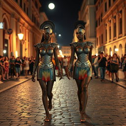 two twin skinny black girls wearing detailed artistic body paint designed to resemble ancient Roman armor, walking confidently in the cobblestone streets of Rome at night