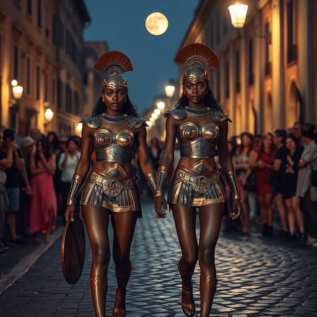 two twin skinny black girls wearing detailed artistic body paint designed to resemble ancient Roman armor, walking confidently in the cobblestone streets of Rome at night