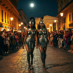 two twin skinny black girls wearing detailed artistic body paint designed to resemble ancient Roman armor, walking confidently in the cobblestone streets of Rome at night