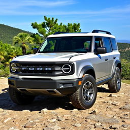 2021 Ford Bronco Outer Banks, 4-door, featuring a striking white hard top, set against a scenic outdoor background