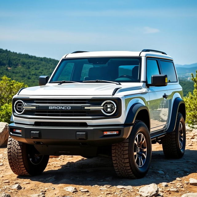 2021 Ford Bronco Outer Banks, 4-door, featuring a striking white hard top, set against a scenic outdoor background