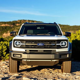 2021 Ford Bronco Outer Banks, 4-door, featuring a striking white hard top, set against a scenic outdoor background