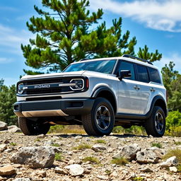 2021 Ford Bronco Outer Banks, 4-door, featuring a striking white hard top, set against a scenic outdoor background