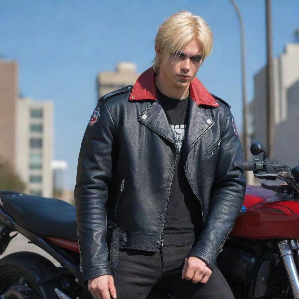 Anime style man with blonde wolf cut hair, leaning on a black motorcycle. He has one blue eye and one red eye, a black longsword at his waist, wearing a red leather jacket and crossing his arms.