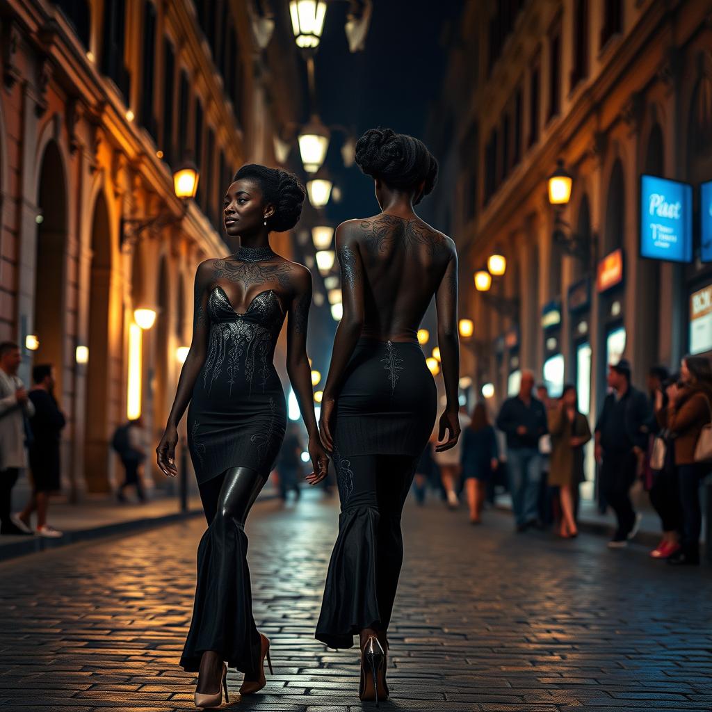 two twin skinny sexy black girls adorned with intricately designed body paint, walking with elegance through the atmospheric streets of Rome at night