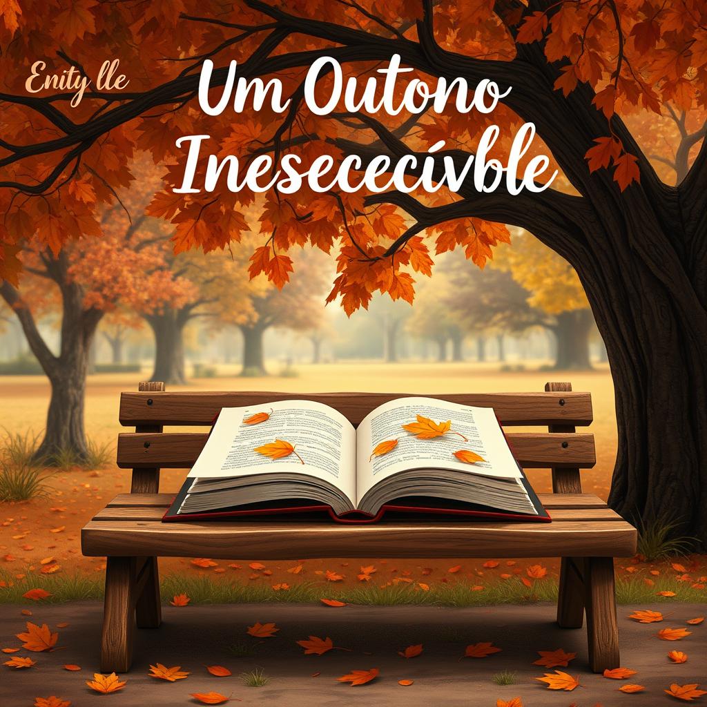 Animated-style book cover for “Um Outono Inesquecível,” set in a nostalgic autumn park