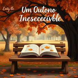 Animated-style book cover for “Um Outono Inesquecível,” set in a nostalgic autumn park