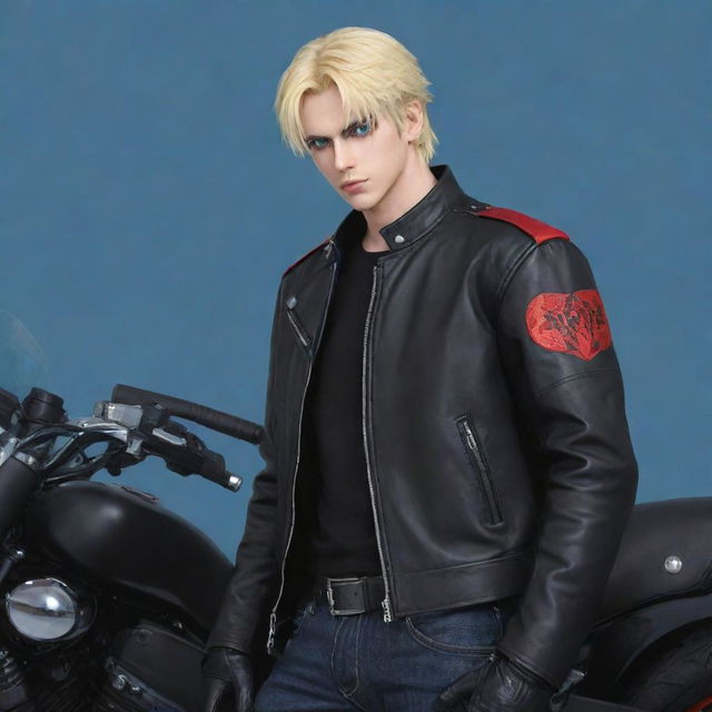 Anime style man with blonde wolf cut hair, leaning on a black motorcycle. He has one blue eye and one red eye, a black longsword at his waist, wearing a red leather jacket and crossing his arms.