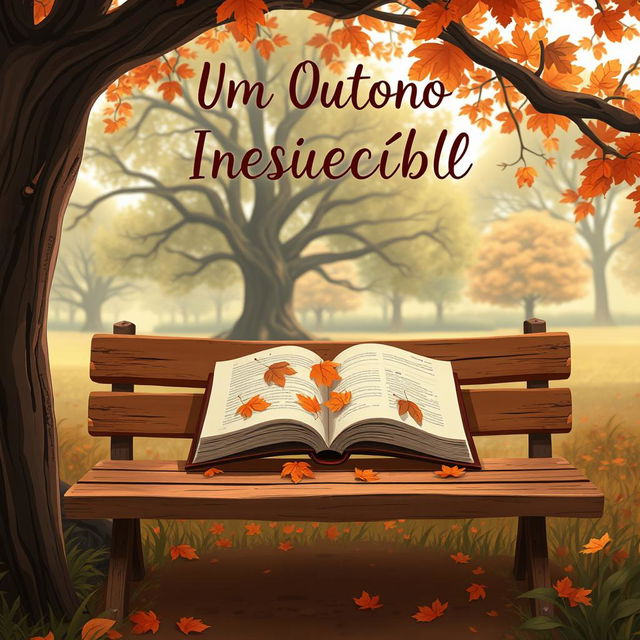 Animated-style book cover for “Um Outono Inesquecível,” set in a nostalgic autumn park