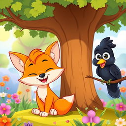 A playful cartoon-style fox, with a bright orange coat and a mischievous expression, sitting cheerfully under a tree