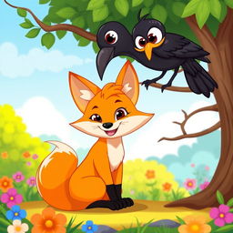 A playful cartoon-style fox, with a bright orange coat and a mischievous expression, sitting cheerfully under a tree