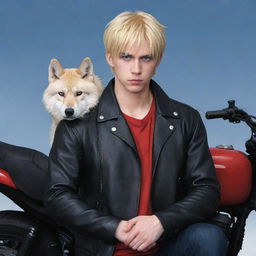 Anime style man with blonde wolf cut hair, leaning on a black motorcycle. He has one blue eye and one red eye, a black longsword at his waist, wearing a red leather jacket and crossing his arms.