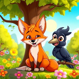 A playful cartoon-style fox, with a bright orange coat and a mischievous expression, sitting cheerfully under a tree