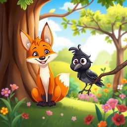 A playful cartoon-style fox, with a bright orange coat and a mischievous expression, sitting cheerfully under a tree