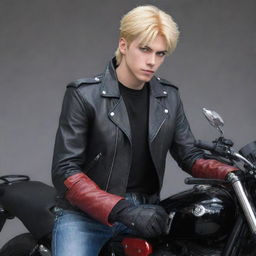 Anime style man with blonde wolf cut hair, leaning on a black motorcycle. He has one blue eye and one red eye, a black longsword at his waist, wearing a red leather jacket and crossing his arms.