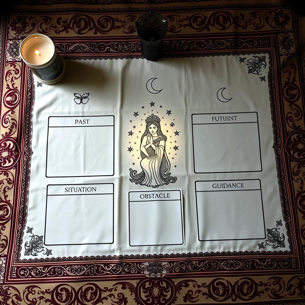 A mystical tarot reading layout with a goddess theme, set on an elaborately designed cloth featuring decorative borders