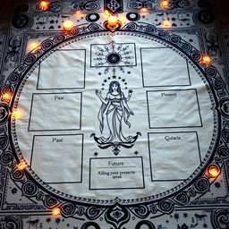 A mystical tarot reading layout with a goddess theme, set on an elaborately designed cloth featuring decorative borders