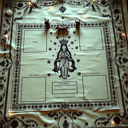 A mystical tarot reading layout with a goddess theme, set on an elaborately designed cloth featuring decorative borders