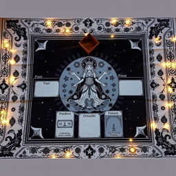 A mystical tarot reading layout with a goddess theme, set on an elaborately designed cloth featuring decorative borders