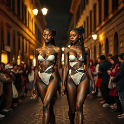 two twin athletic skinny sexy black girls with beautifully styled braided hair, adorned with body painting designed to mimic elegant yet abstract clothing, subtly accentuating their toned physiques