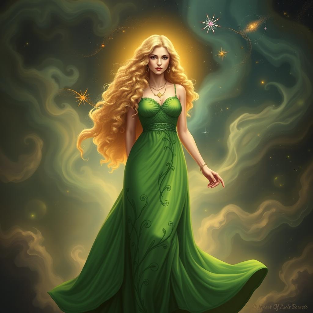 A striking depiction of the goddess of Knowledge, a blonde figure with long curly hair, standing gracefully in a vibrant green gown