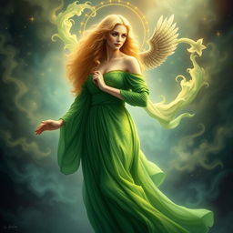 A striking depiction of the goddess of Knowledge, a blonde figure with long curly hair, standing gracefully in a vibrant green gown