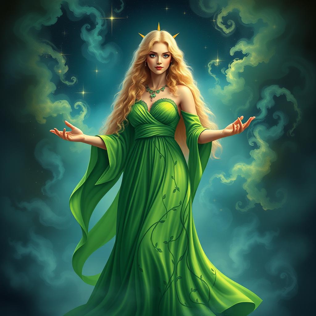 A striking depiction of the goddess of Knowledge, a blonde figure with long curly hair, standing gracefully in a vibrant green gown