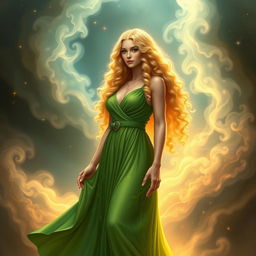 A striking depiction of the goddess of Knowledge, a blonde figure with long curly hair, standing gracefully in a vibrant green gown