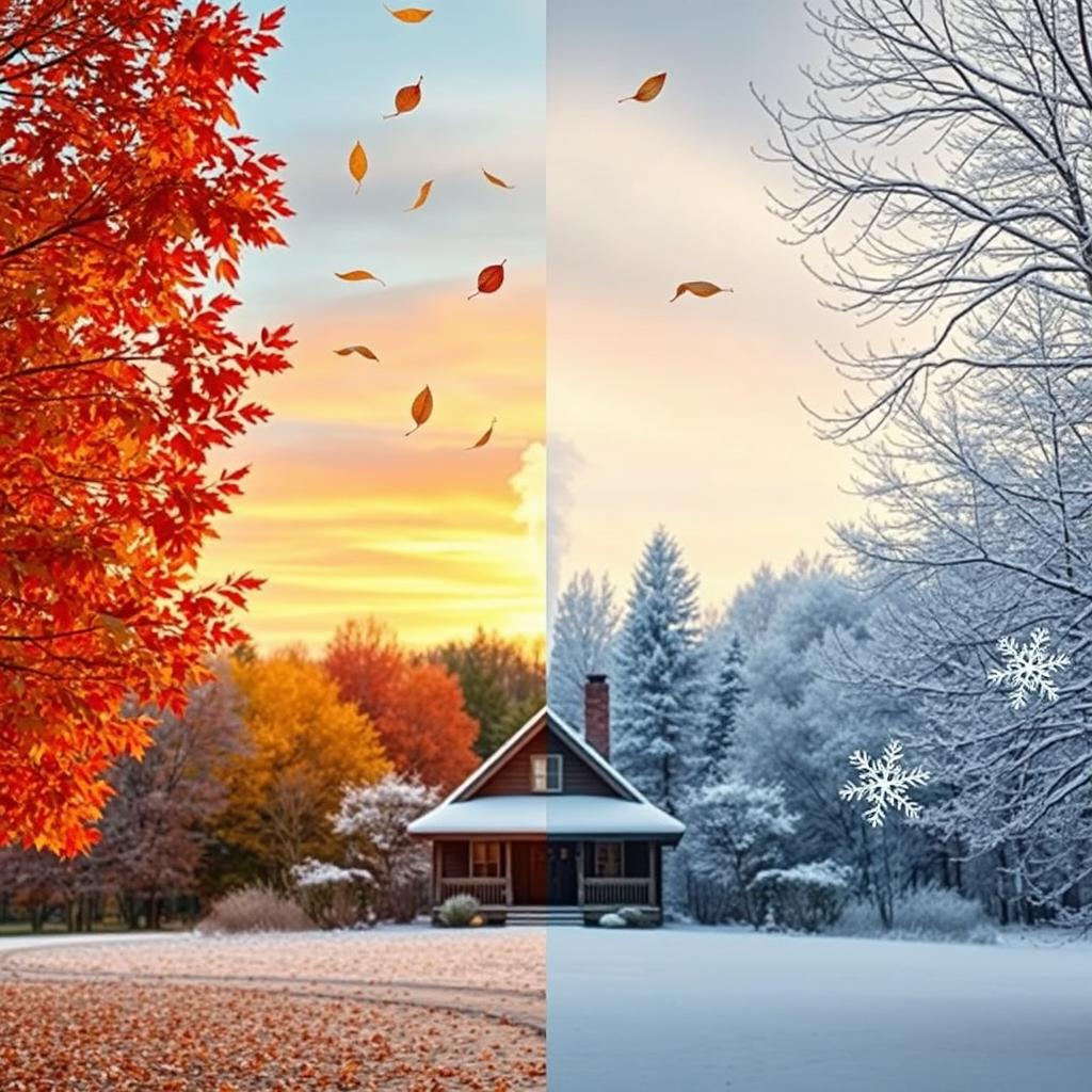 A captivating scene illustrating the transition from Autumn to Winter, with vibrant autumn leaves gently falling from trees on one side, while the other side shows a serene winter landscape covered in a blanket of pristine snow