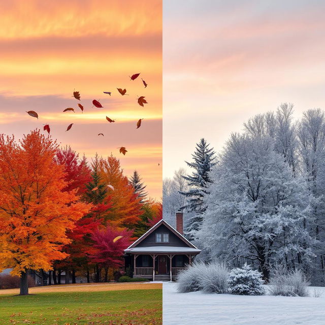 A captivating scene illustrating the transition from Autumn to Winter, with vibrant autumn leaves gently falling from trees on one side, while the other side shows a serene winter landscape covered in a blanket of pristine snow