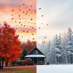 A captivating scene illustrating the transition from Autumn to Winter, with vibrant autumn leaves gently falling from trees on one side, while the other side shows a serene winter landscape covered in a blanket of pristine snow