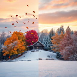 A captivating scene illustrating the transition from Autumn to Winter, with vibrant autumn leaves gently falling from trees on one side, while the other side shows a serene winter landscape covered in a blanket of pristine snow