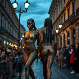 two naked athletic skinny sexy black girls with beautifully braided hair, adorned with skillfully applied body paint, walking confidently through the enchanting streets of Rome at night