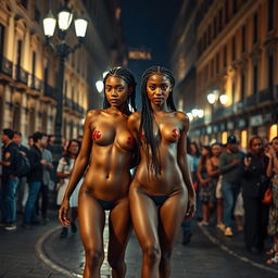 two naked athletic skinny sexy black girls with beautifully braided hair, adorned with skillfully applied body paint, walking confidently through the enchanting streets of Rome at night