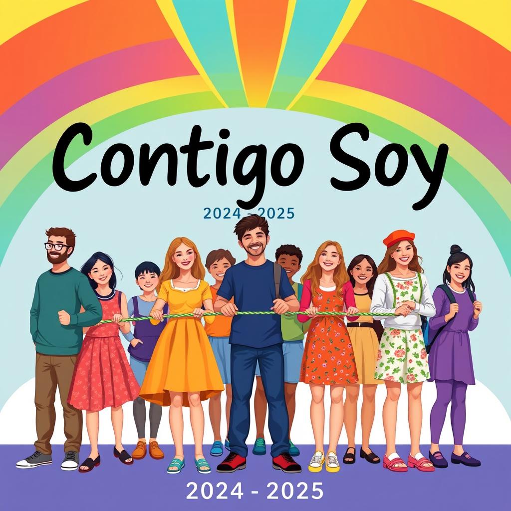 A vibrant and inclusive school poster featuring a diverse group of students of various ethnicities, genders, and abilities, standing together, all holding onto a single colorful rope