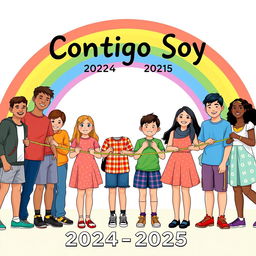 A vibrant and inclusive school poster featuring a diverse group of students of various ethnicities, genders, and abilities, standing together, all holding onto a single colorful rope