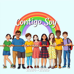 A vibrant and inclusive school poster featuring a diverse group of students of various ethnicities, genders, and abilities, standing together, all holding onto a single colorful rope