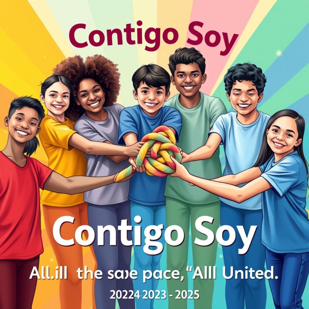 A vibrant and inclusive school poster depicting a diverse group of students holding a colorful rope, symbolizing unity and inclusivity