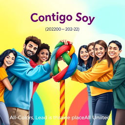 A vibrant and inclusive school poster depicting a diverse group of students holding a colorful rope, symbolizing unity and inclusivity