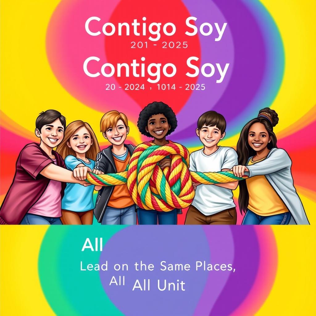 A vibrant and inclusive school poster depicting a diverse group of students holding a colorful rope, symbolizing unity and inclusivity