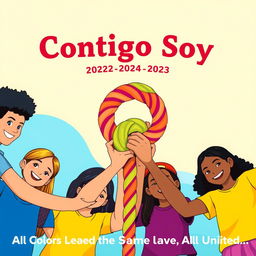 A vibrant and inclusive school poster depicting a diverse group of students holding a colorful rope, symbolizing unity and inclusivity