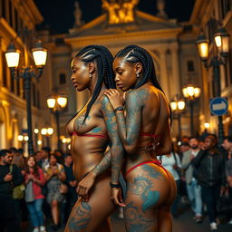 two athletic twin black girls with elegant braided hair, adorned with vibrant, colorful tattoos that beautifully decorate their skin, moving confidently through the atmospheric streets of Rome at night