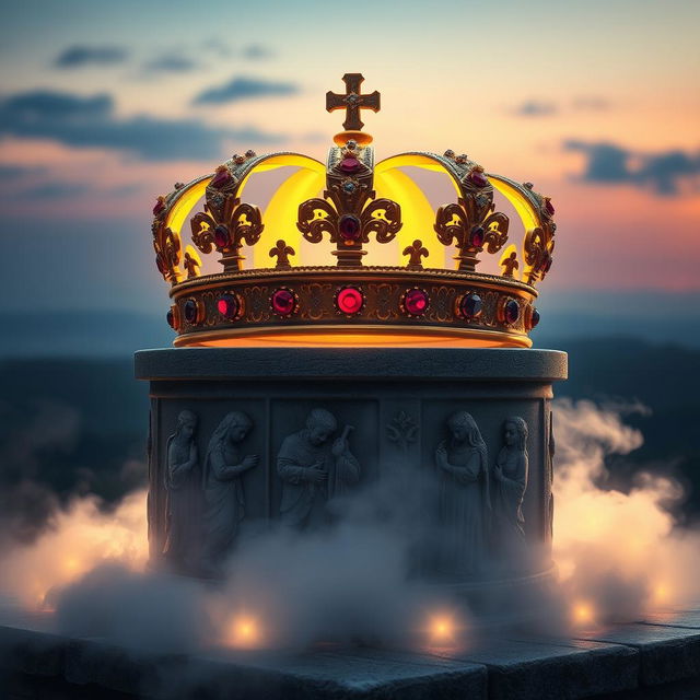 A majestic, glowing crown symbolizing the mentality of a kingdom, resting on an ancient stone pedestal surrounded by ethereal mist