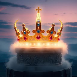 A majestic, glowing crown symbolizing the mentality of a kingdom, resting on an ancient stone pedestal surrounded by ethereal mist