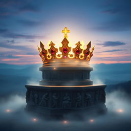 A majestic, glowing crown symbolizing the mentality of a kingdom, resting on an ancient stone pedestal surrounded by ethereal mist